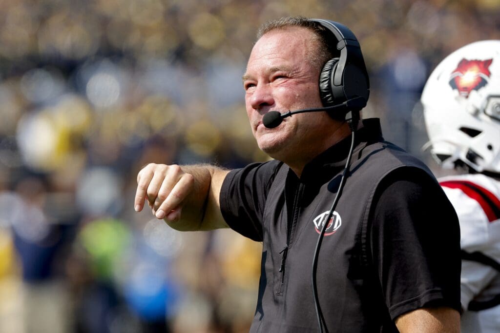 Sep 14, 2024; Ann Arbor, Michigan, USA; Arkansas State Red Wolves head coach Butch Jones reacts on the sideline during the second half against the Michigan Wolverines at Michigan Stadium.
