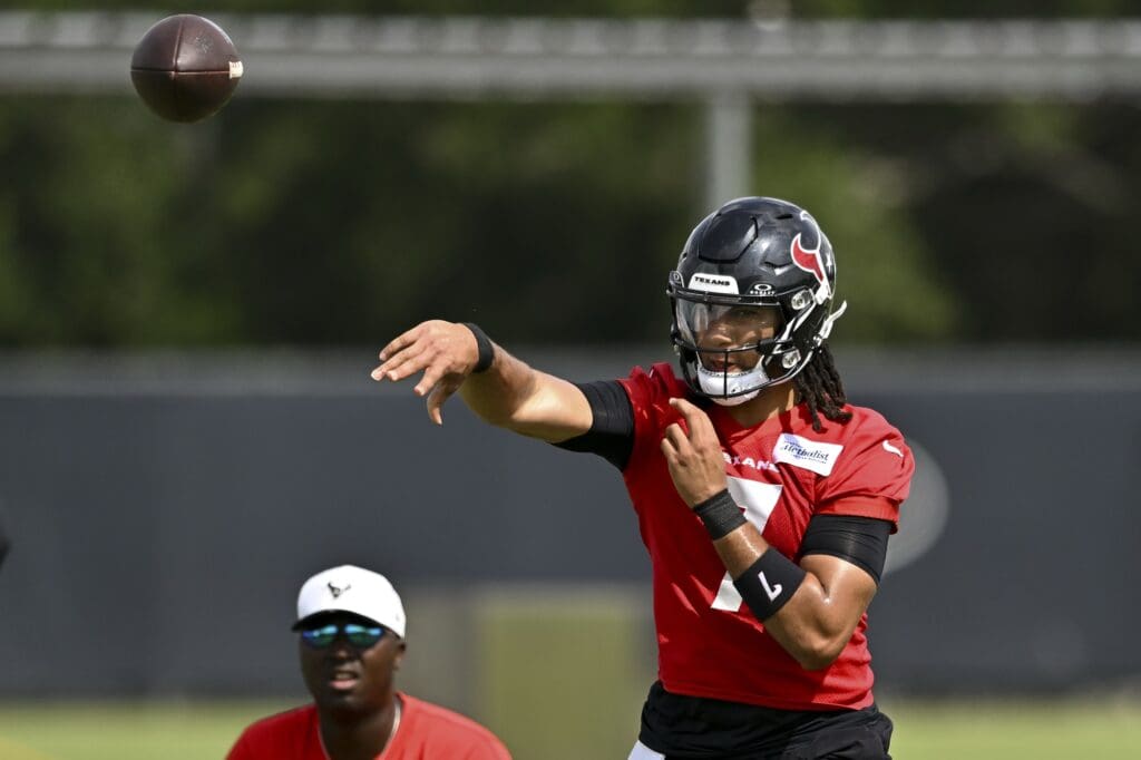 Jun 10, 2025; Houston, TX, USA; Houston Texans quarterback C.J. Stroud (7) participates in a drill during an NFL football minicamp at NRG Stadium.