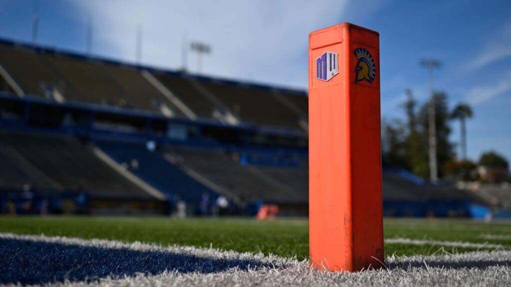 Nov 29, 2024; San Jose, California, USA; The Mountain West and San Jose State Spartans logos are seen on the pylon before their game against the Stanford Cardinal at CEFCU Stadium