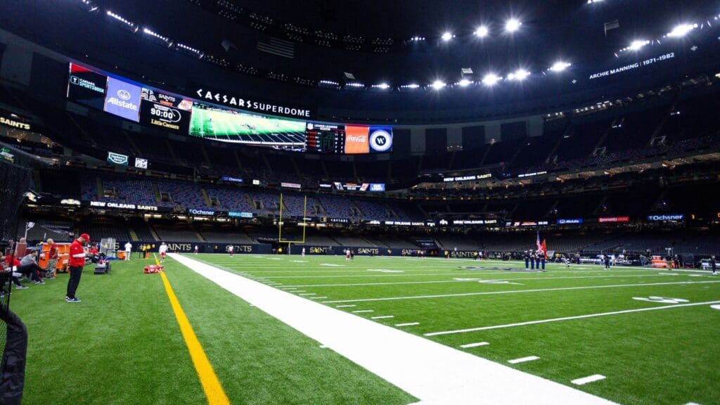 Aug 13, 2023; New Orleans, Louisiana, USA; View of the field before the game between the New Orleans Saints and the Kansas City Chiefs at the Caesars Superdome