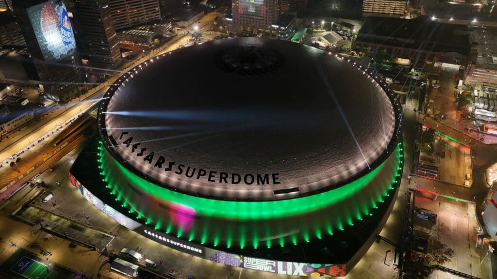 Feb 10, 2025; New Orleans, LA, USA; A general overall view of the Caesars Superdome illuminated in green after the Philadelphia Eagles victory over the Kansas City Chiefs in Super Bowl LIX.