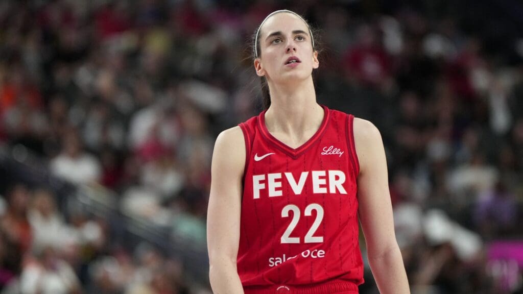 Jun 22, 2025; Las Vegas, Nevada, USA; Indiana Fever guard Caitlin Clark (22) during the during the first half of a WNBA basketball game against the Las Vegas Aces at T-Mobile Arena.