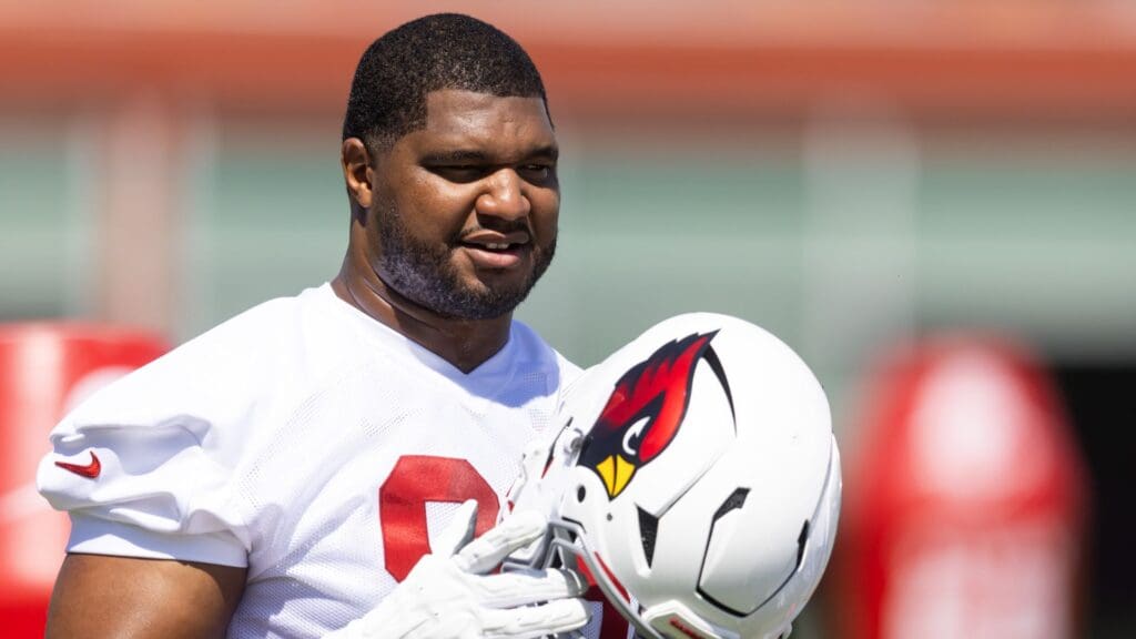 Jun 10, 2025; Tempe, AZ, USA; Arizona Cardinals defensive lineman Calais Campbell (93) holds his helmet during minicamp at the teams Arizona Cardinals Training Facility.