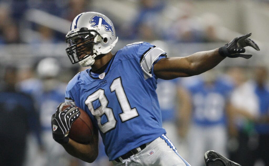 Dec 23, 2007; Detroit, MI, USA; Detroit Lions wide receiver Calvin Johnson (81) runs for a short gain in the third quarter against the Kansas City Chiefs. The Detroit Lions defeated the Kansas City Chiefs 25-20 at Ford Field
