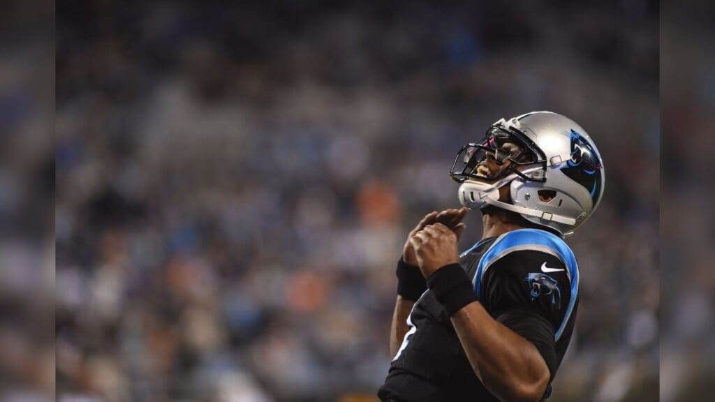 Nov 13, 2017; Charlotte, NC, USA; Carolina Panthers quarterback Cam Newton (1) reacts in the third quarter at Bank of America Stadium.