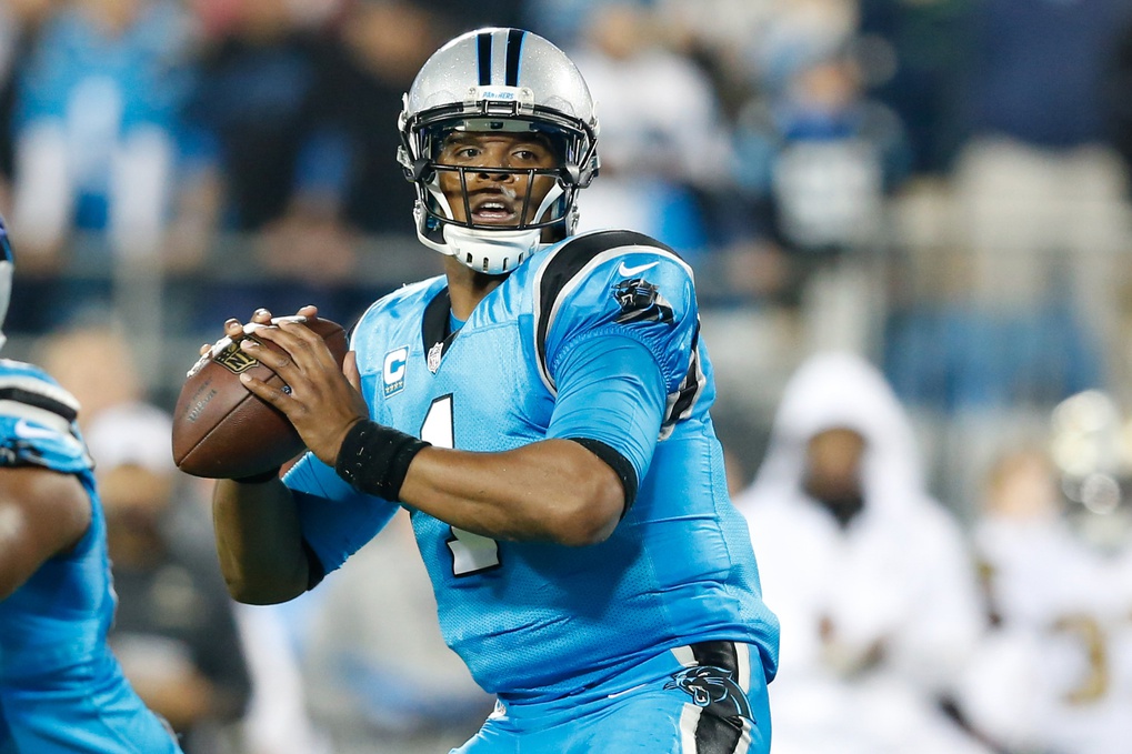Nov 17, 2016; Charlotte, NC, USA; Carolina Panthers quarterback Cam Newton (1) drops back to pass in the first quarter against the New Orleans Saints at Bank of America Stadium