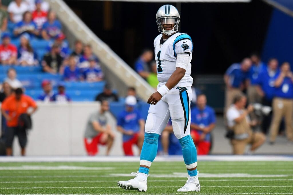 Aug 9, 2018; Orchard Park, NY, USA; Carolina Panthers quarterback Cam Newton (1) walks off the field against the Buffalo Bills during the first quarter at New Era Field.