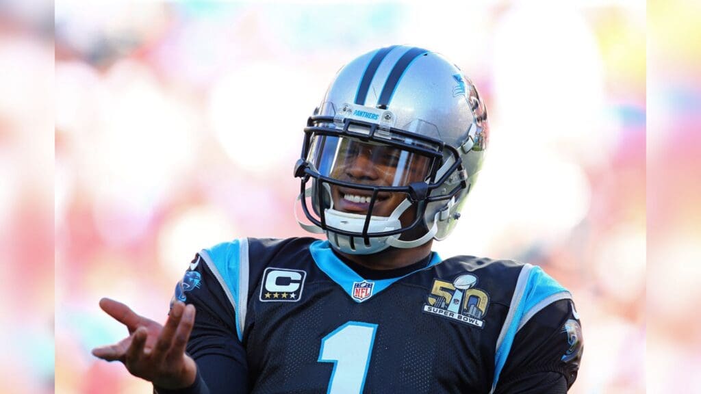 Feb 7, 2016; Santa Clara, CA, USA; Carolina Panthers quarterback Cam Newton (1) reacts against the Denver Broncos during Super Bowl 50 at Levi's Stadium.