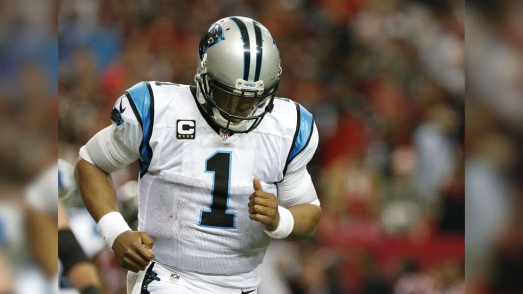 Dec 27, 2015; Atlanta, GA, USA; Carolina Panthers quarterback Cam Newton (1) reacts after fumbling Atlanta Falcons in the fourth quarter at the Georgia Dome.