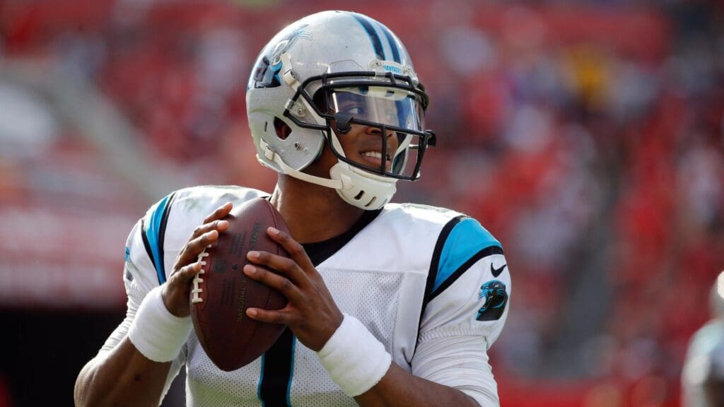 Jan 1, 2017; Tampa, FL, USA; Carolina Panthers quarterback Cam Newton (1) against the Tampa Bay Buccaneers during the second half at Raymond James Stadium. Tampa Bay Buccaneers defeated the Carolina Panthers 17-16