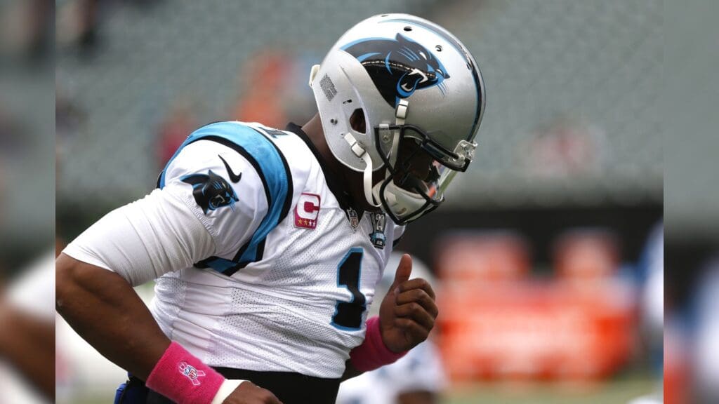 Oct 12, 2014; Cincinnati, OH, USA; Carolina Panthers quarterback Cam Newton (1) prior to the game against the Cincinnati Bengals at Paul Brown Stadium.