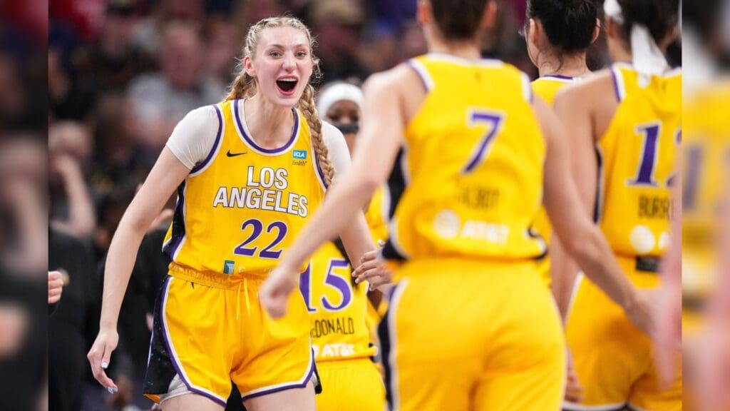Los Angeles Sparks forward Cameron Brink (22) yells in excitement Tuesday, May 28, 2024, during the game at Gainbridge Fieldhouse in Indianapolis.