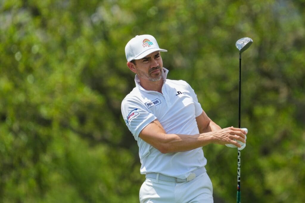 Apr 3, 2025; San Antonio, Texas, USA; Camilo Villegas watches his shot on the 18th fairway during the first round of the Valero Texas Open golf tournament.