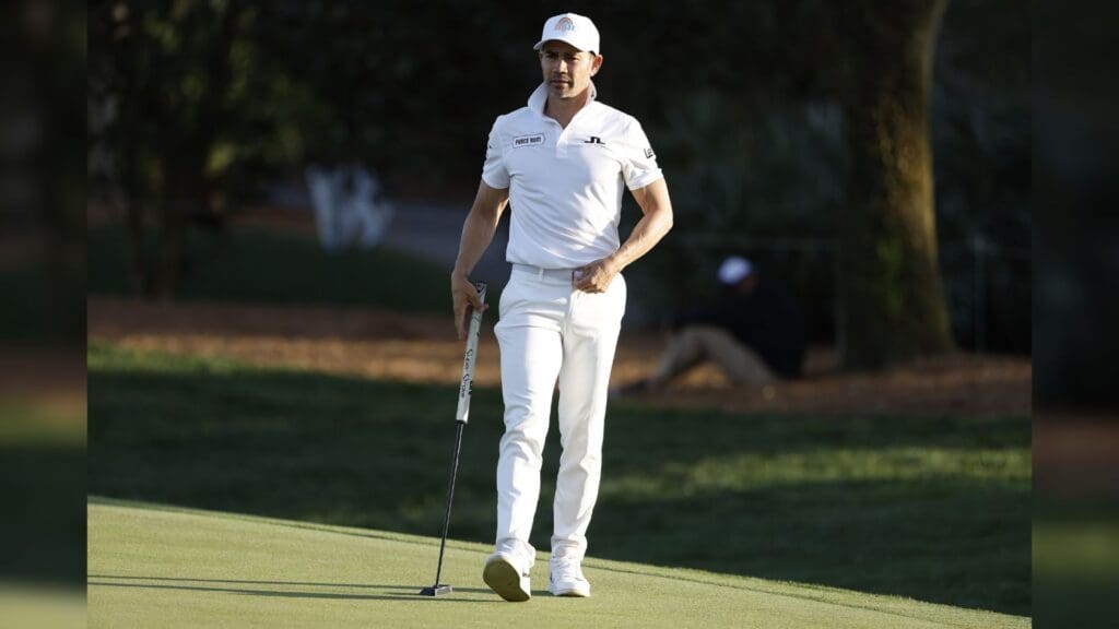 Mar 13, 2025; Ponte Vedra Beach, Florida, USA; Camilo Villegas checks out the ninth green during the first round of The Players Championship golf tournament at TPC Sawgrass.