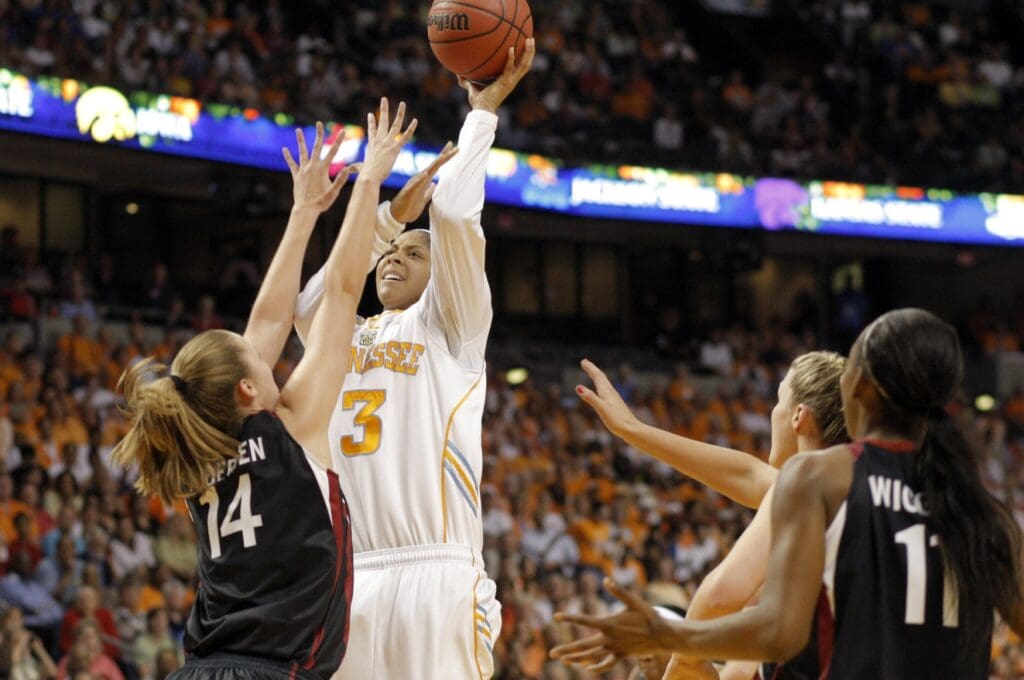 Apr 8, 2008; Tampa, FL, USA; Tennessee Volunteers forward Candace Parker (3) shoots over Stanford Cardinal forward Kayla Pedersen (14) during the first half of the championship game of the 2008 NCAA Womens Final Four Championship at the St. Pete Times Forum.