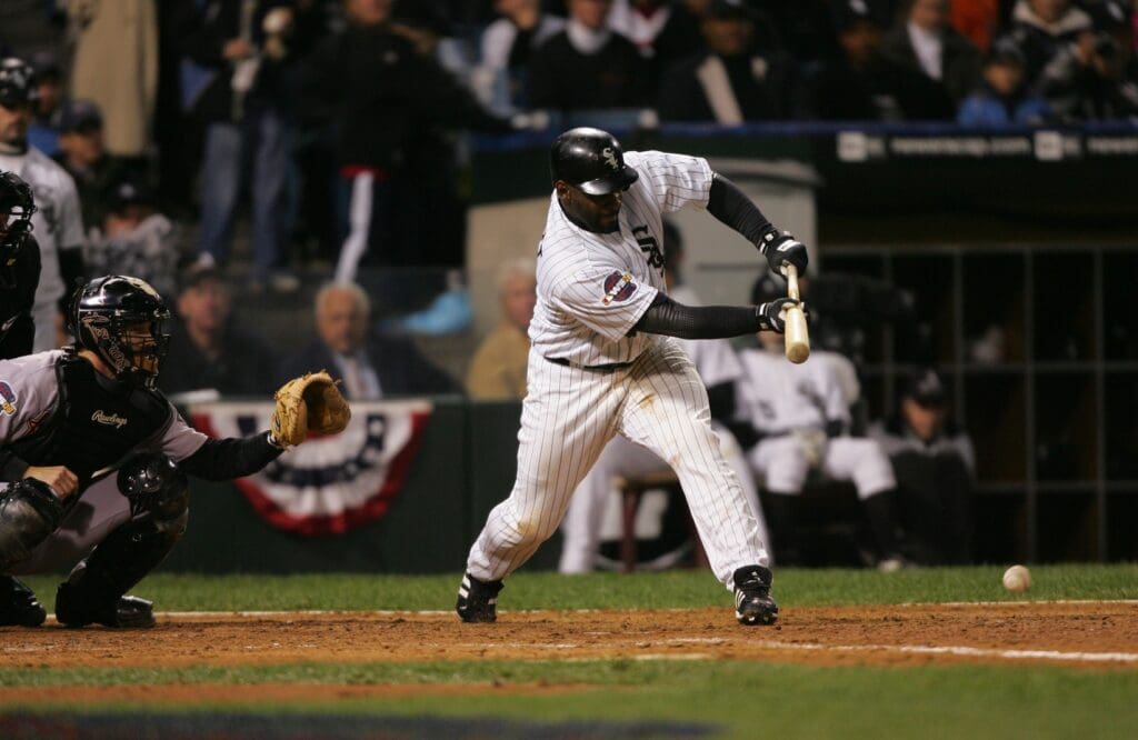 Oct 22, 2005; Chicago, IL, USA; Chicago White Sox designated hitter (8) Carl Everett lays down a sacrifice bunt in the 5th inning during game 1 of the World Series against the Houston Astros at US Cellular Field in Chicago, IL.