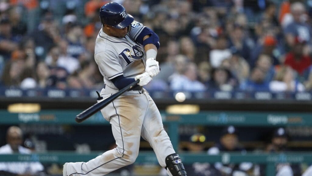 May 1, 2018; Detroit, MI, USA; Tampa Bay Rays right fielder Carlos Gomez (27) gets a hit for a single during the fourth inning against the Detroit Tigers at Comerica Park.