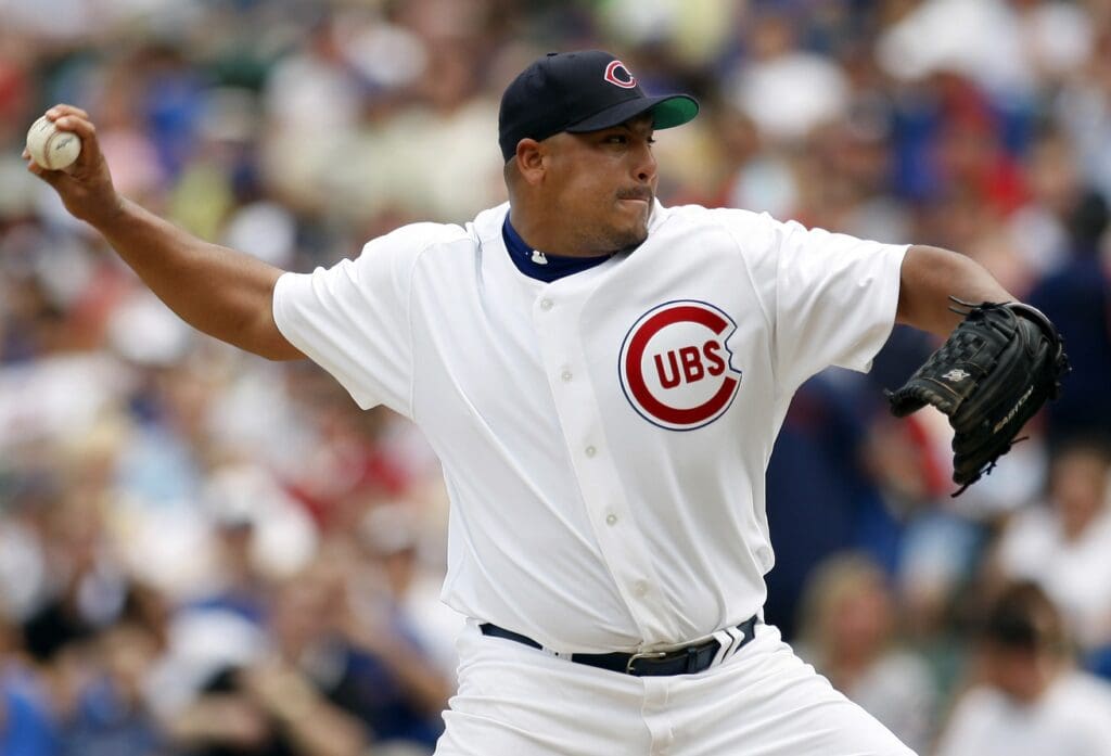 Jun 12, 2008; Chicago, IL, USA; Chicago Cubs starting pitcher Carlos Zambrano delivers a pitch during the third inning against the Atlanta Braves at Wrigley Field. The Cubs beat the Braves 3-2 in 11 innings.