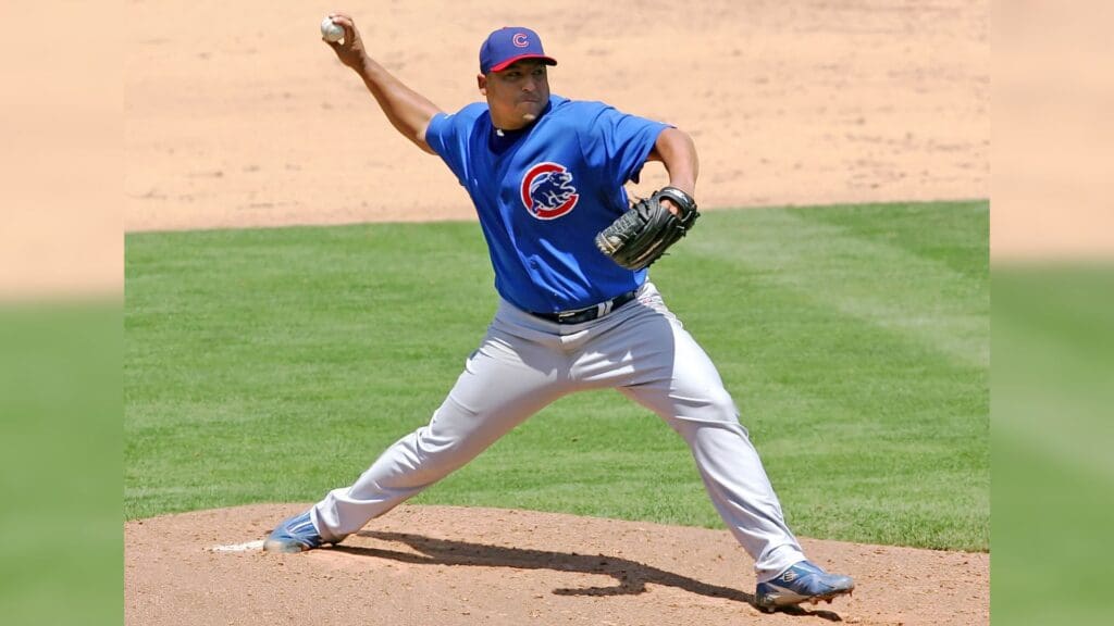 June 7, 2008: Los Angeles, CA, USA: Chicago Cubs starting pitcher Carlos Zambrano (38) pitches in the fifth inning against the Los Angeles Dodgers at Dodger Stadium. Los Angeles defeated Chicago 7-3.
