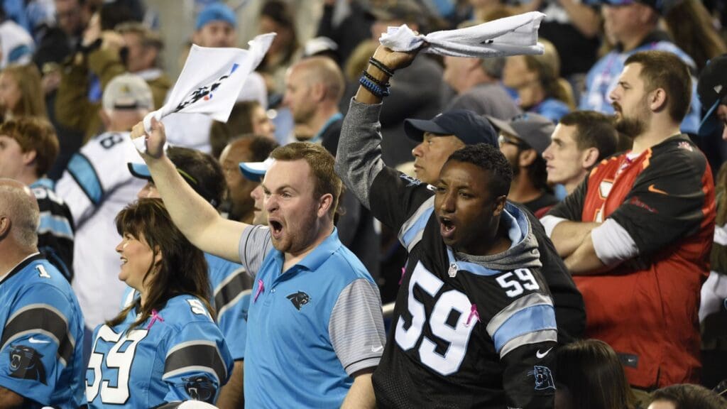 Oct 10, 2016; Charlotte, NC, USA; Carolina Panthers fans cheer in the fourth quarter. The Buccaneers defeated the Panthers 17-14 at Bank of America Stadium.