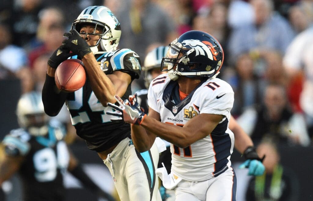 Feb 7, 2016; Santa Clara, CA, USA; Carolina Panthers cornerback Josh Norman (24) breaks up a pass intended for Denver Broncos wide receiver Jordan Norwood (11) during the second quarter in Super Bowl 50 at Levi's Stadium