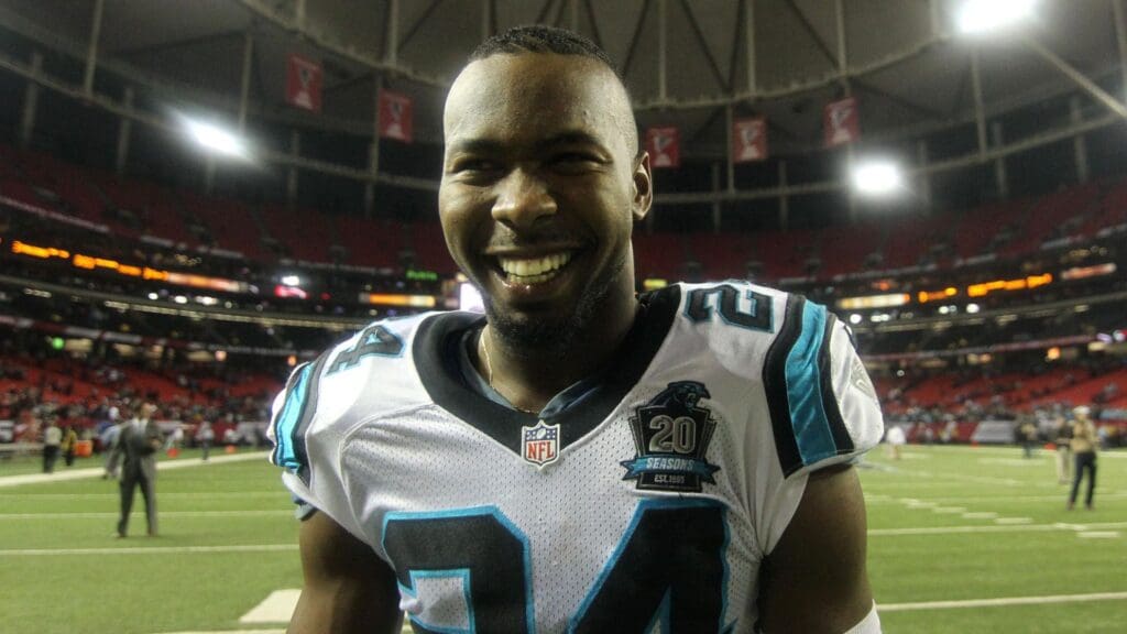Dec 28, 2014; Atlanta, GA, USA; Carolina Panthers cornerback Josh Norman (24) celebrates a victory against the Atlanta Falcons at the Georgia Dome. The Panthers defeated the Falcons 34-3.