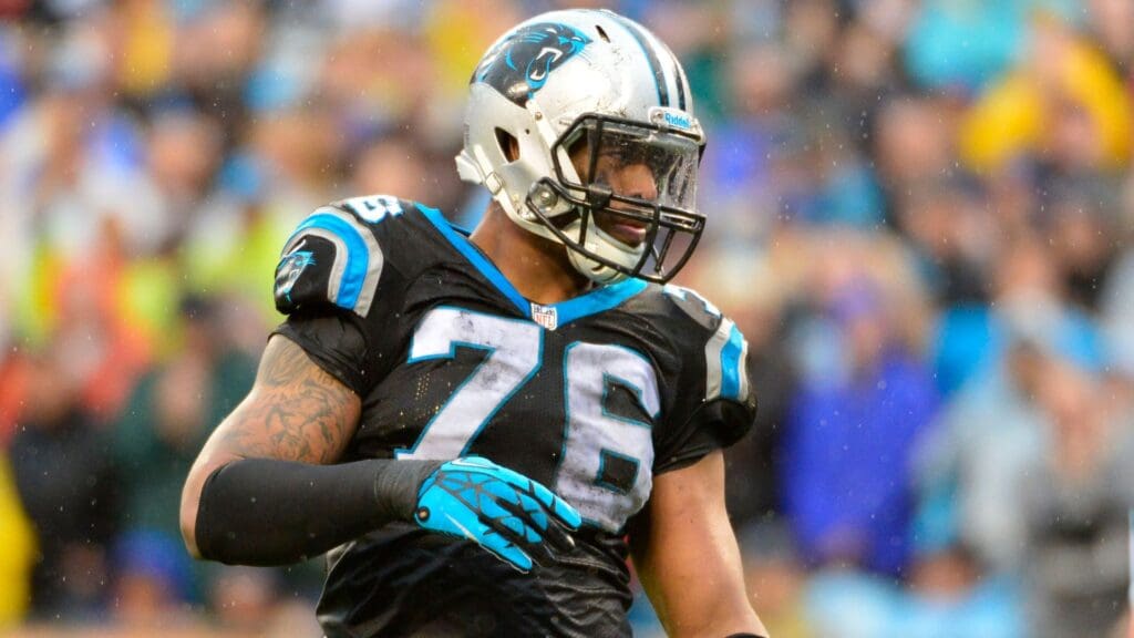 Dec 22, 2013; Charlotte, NC, USA; Carolina Panthers defensive end Greg Hardy (76) on the field in the fourth quarter. The Panthers defeated the Saint 17-13 at Bank of America Stadium.