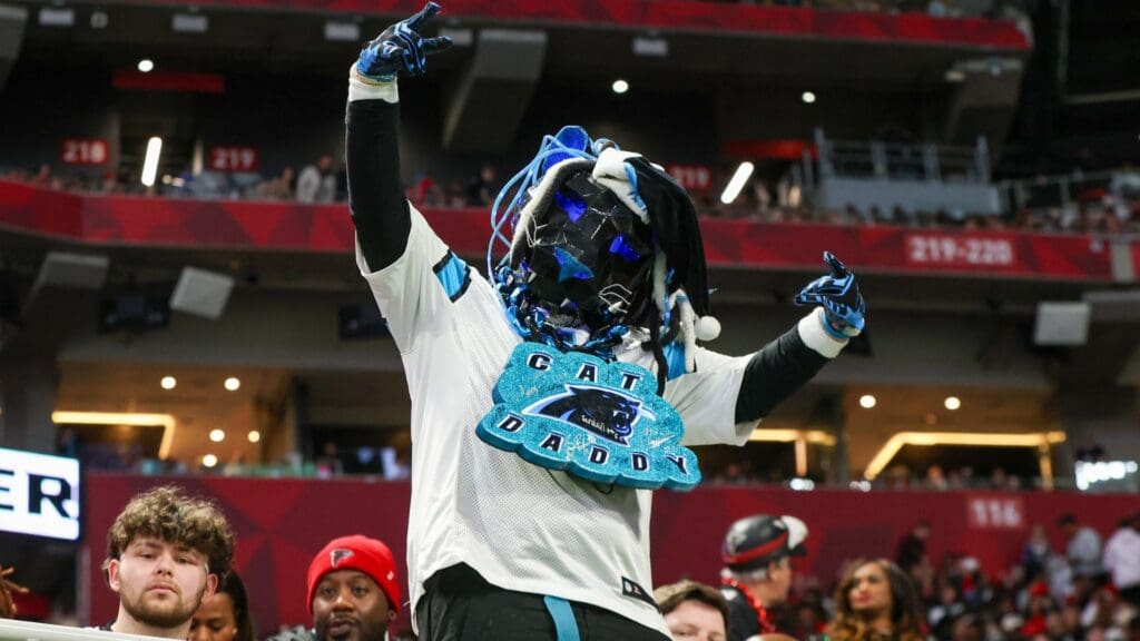 Jan 5, 2025; Atlanta, Georgia, USA; A Carolina Panthers fan in the stands against the Atlanta Falcons in the second quarter at Mercedes-Benz Stadium