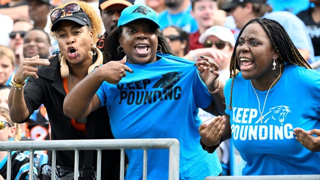 Sep 29, 2024; Charlotte, North Carolina, USA; Carolina Panthers fans in the third quarter at Bank of America Stadium.
