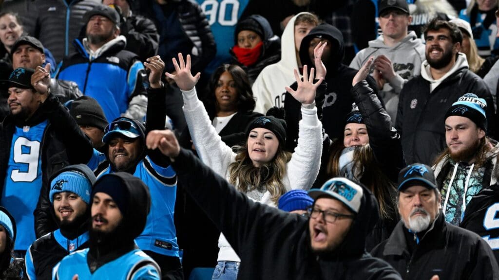 Dec 1, 2024; Charlotte, North Carolina, USA; Carolina Panthers fans react in the fourth quarter at Bank of America Stadium.