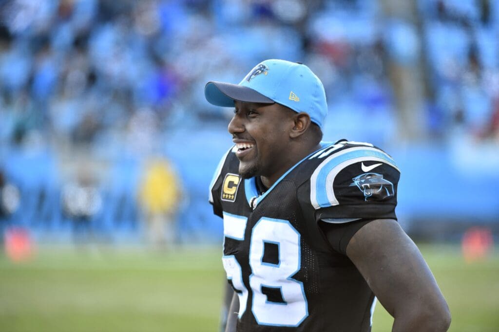 Nov 22, 2015; Charlotte, NC, USA; Carolina Panthers outside linebacker Thomas Davis (58) on the sidelines in the fourth quarter. The Panthers defeated the Redskins 44-16 at Bank of America Stadium.