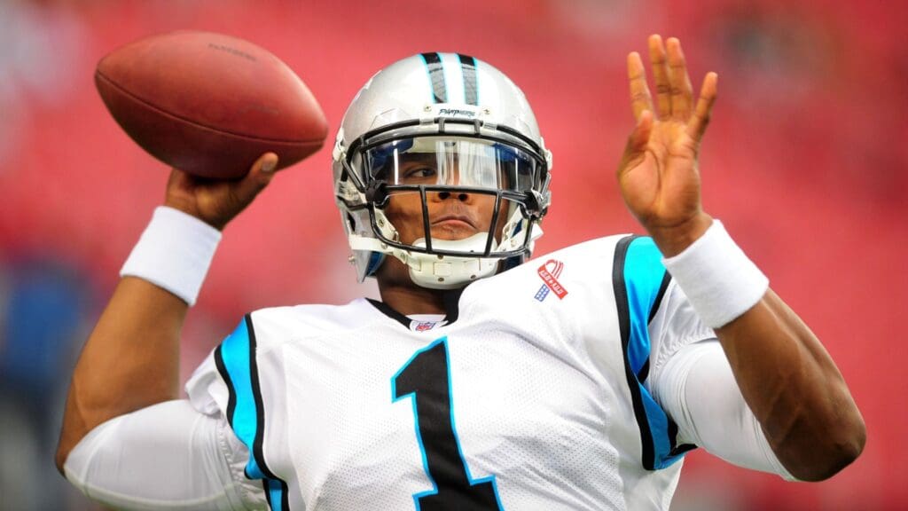 Sept. 11, 2011; Glendale, AZ, USA; Carolina Panthers quarterback (1) Cam Newton warms up prior to the game against the Arizona Cardinals at University of Phoenix Stadium.