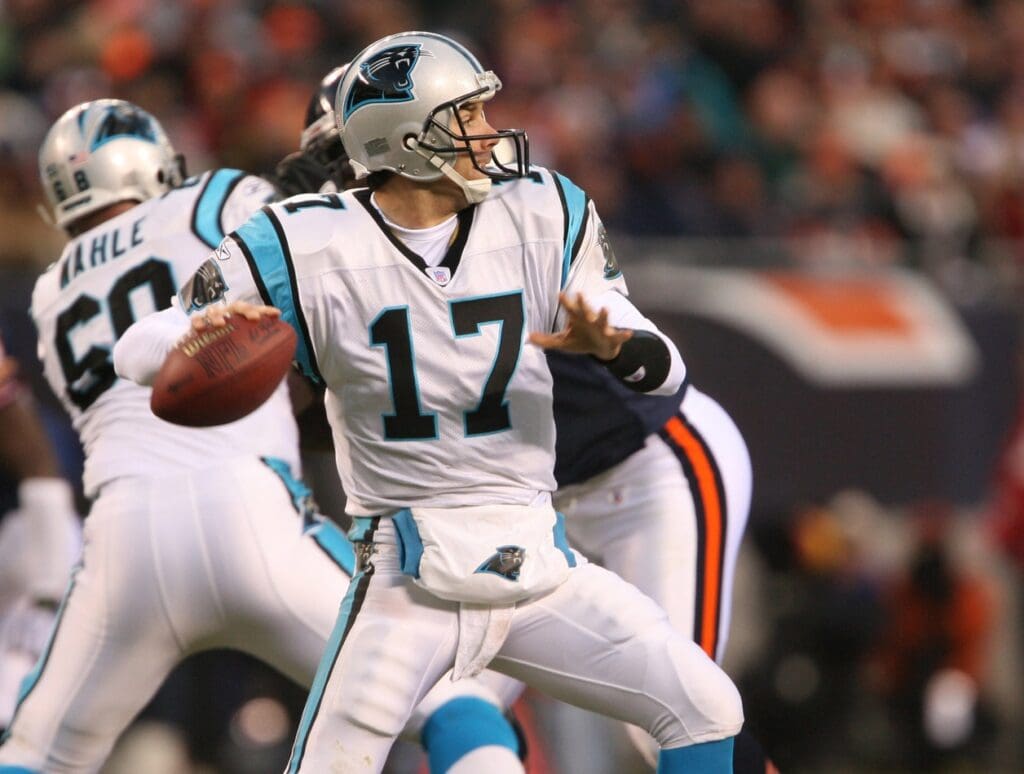 Jan. 15, 2006; Chicago, IL USA; Carolina Panthers quarterback (17) Jake Delhomme throws the ball in the first quarter of the NFC divisional playoff game against the Chicago Bears at Soldier Field. Carolina won 29-21.