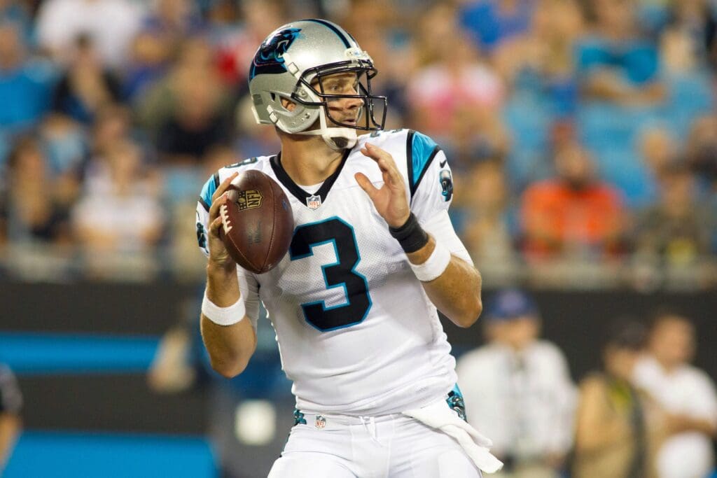 Aug 26, 2016; Charlotte, NC, USA; Carolina Panthers quarterback Derek Anderson (3) looks to pass the ball during the third quarter against the New England Patriots at Bank of America Stadium. The Patriots defeated the Panthers 19-17.