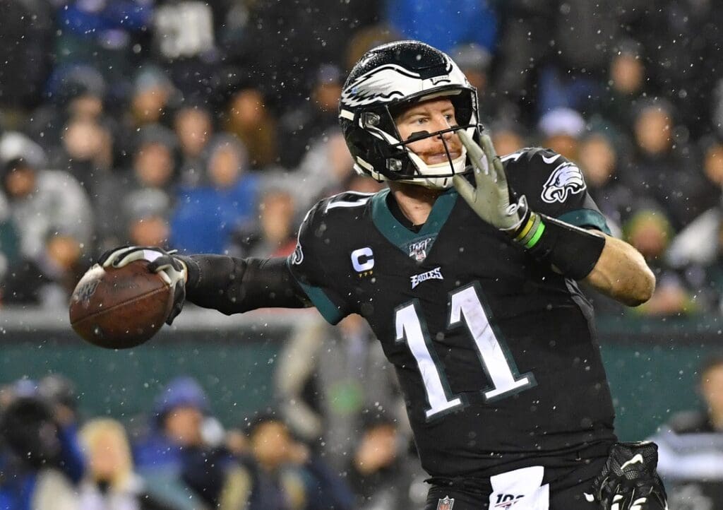Dec 9, 2019; Philadelphia, PA, USA; Philadelphia Eagles quarterback Carson Wentz (11) throws a pass against the New York Giants at Lincoln Financial Field.