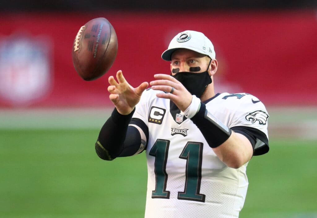 Dec 20, 2020; Glendale, Arizona, USA; Philadelphia Eagles quarterback Carson Wentz (11) against the Arizona Cardinals at State Farm Stadium.