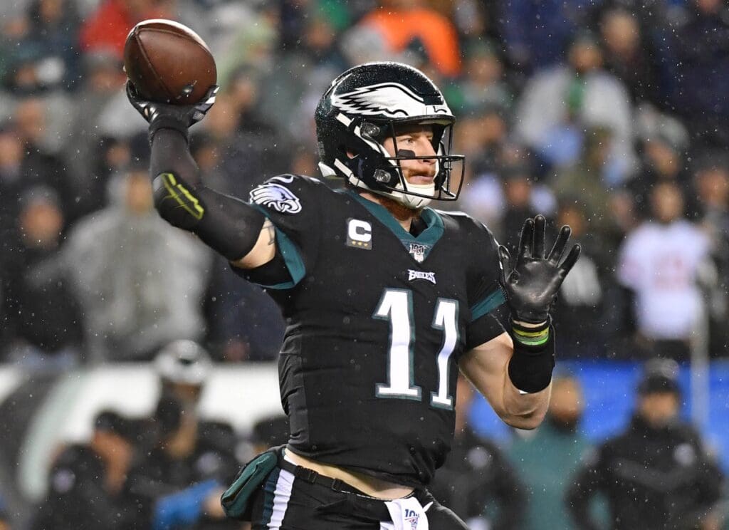 Philadelphia Eagles quarterback Carson Wentz (11) throws a pass during the first quarter against the New York Giants at Lincoln Financial Field.