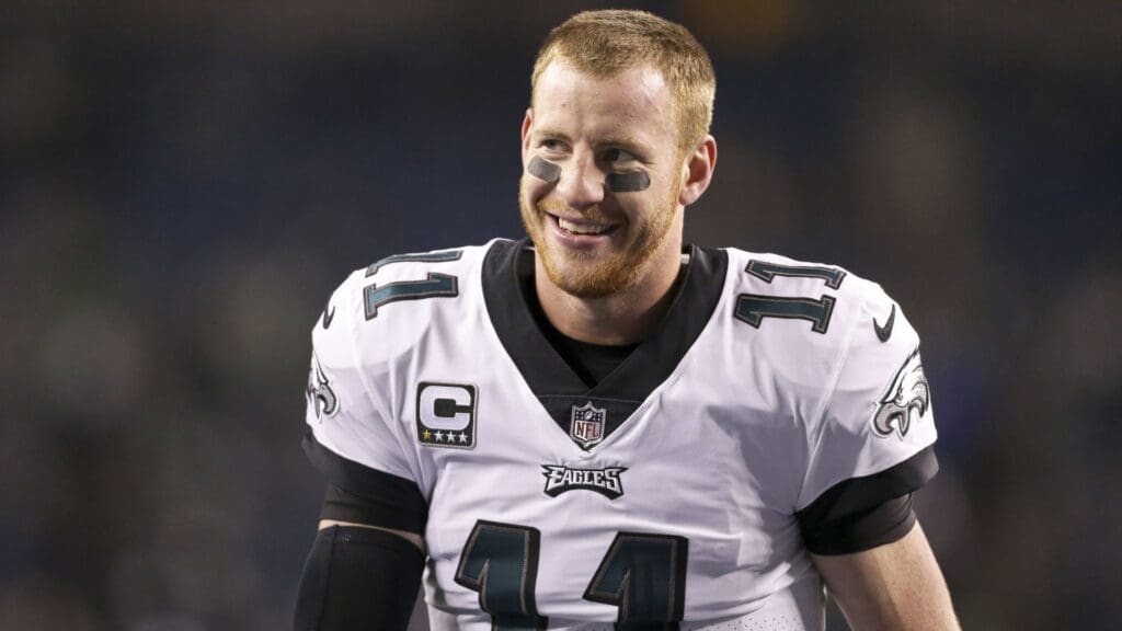 Dec 3, 2017; Seattle, WA, USA; Philadelphia Eagles quarterback Carson Wentz (11) takes a break during pregame warmups against the Seattle Seahawks at CenturyLink Field.Joe Nicholson-Imagn Images