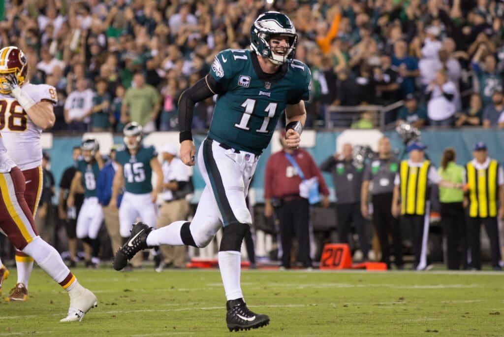 Oct 23, 2017; Philadelphia, PA, USA; Philadelphia Eagles quarterback Carson Wentz (11) reacts to a touchdown against the Washington Redskins during the fourth quarter at Lincoln Financial Field.