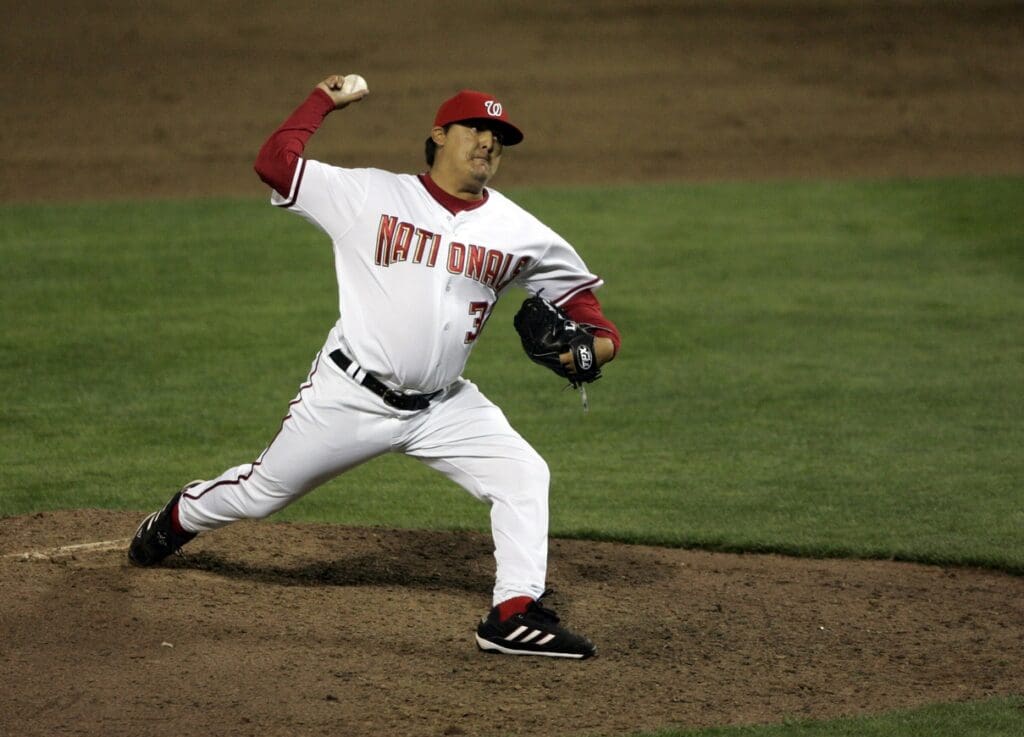 April 3, 2007; Washington, DC, USA; Washington Nationals pitcher (32) Chad Cordero pitches against the Florida Marlins in the ninth inning at RFK stadium in Washington, DC. Florida defeated Washington 9-3.