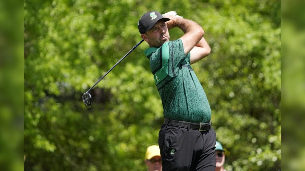 Apr 10, 2025; Augusta, Georgia, USA; Charl Schwartzel plays his shot from the fifth tee during the first round of the Masters Tournament.
