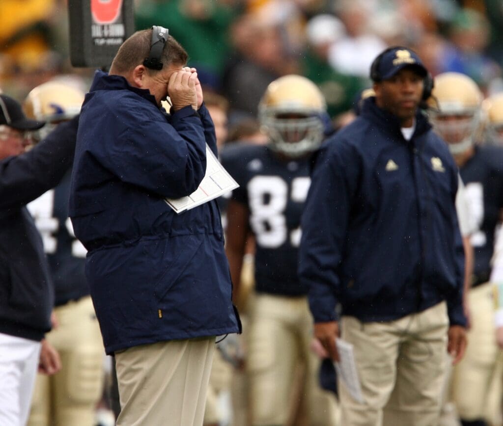 Oct. 22, 2005; South Bend, IN, USA; Notre Dame Fighting Irish head coach Charlie Weis signals to his players during Notre Dame's 49-23 win over the Brigham Young University Cougars Saturday Oct. 22 at Notre Dame Stadium.