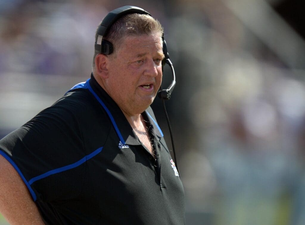 Oct 12, 2013; Fort Worth, TX, USA; TCU Horned Frogs coach Charlie Weis during the game against the Kansas Jayhawks at Amon G. Carter Stadium.