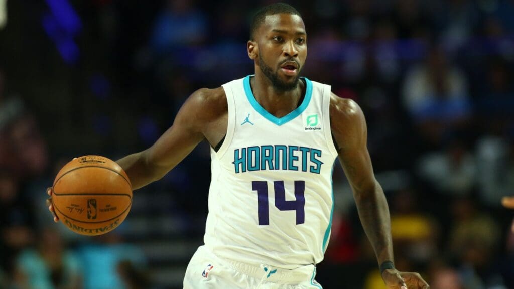 Oct 11, 2019; Winston-Salem, NC, USA; Charlotte Hornets forward Michael Kidd-Gilchrist (14) sets up a play during the game against the Philadelphia 76ers at Lawrence Joel Veterans Memorial Coliseum.