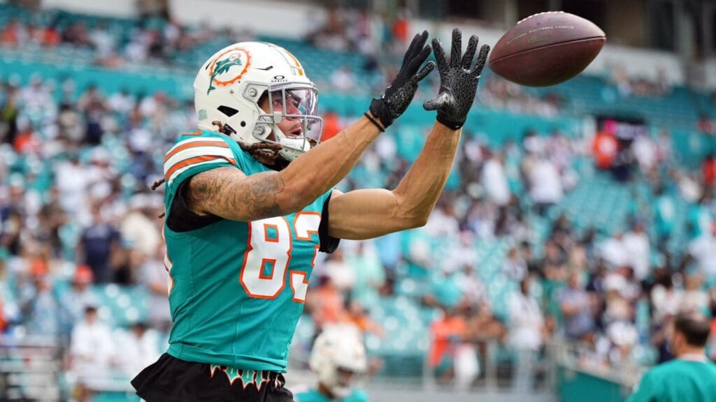 Dec 24, 2023; Miami Gardens, Florida, USA; Miami Dolphins wide receiver Chase Claypool (83) warms up prior to the game against the Dallas Cowboys at Hard Rock Stadium.