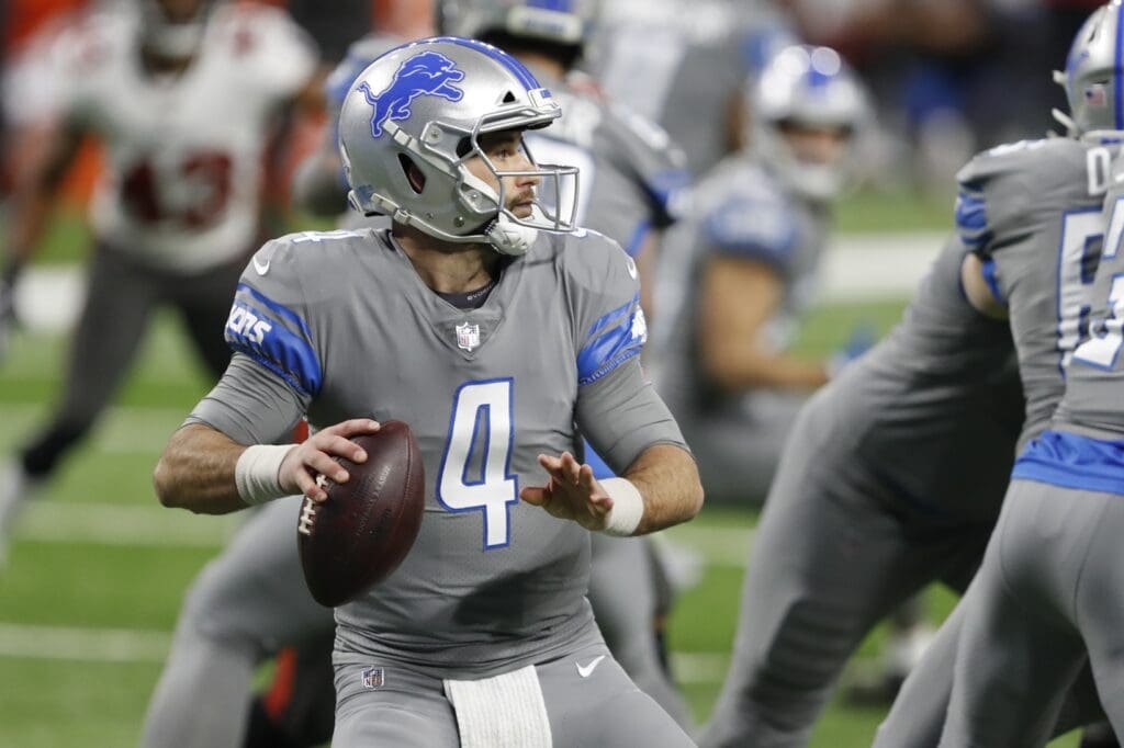 Dec 26, 2020; Detroit, Michigan, USA; Detroit Lions quarterback Chase Daniel (4) drops back to pass against the Tampa Bay Buccaneers during the second quarter at Ford Field.
