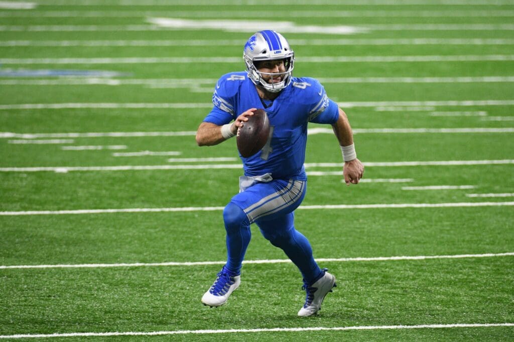 Dec 13, 2020; Detroit, Michigan, USA; Detroit Lions quarterback Chase Daniel (4) runs the ball during the fourth quarter against the Green Bay Packers at Ford Field.