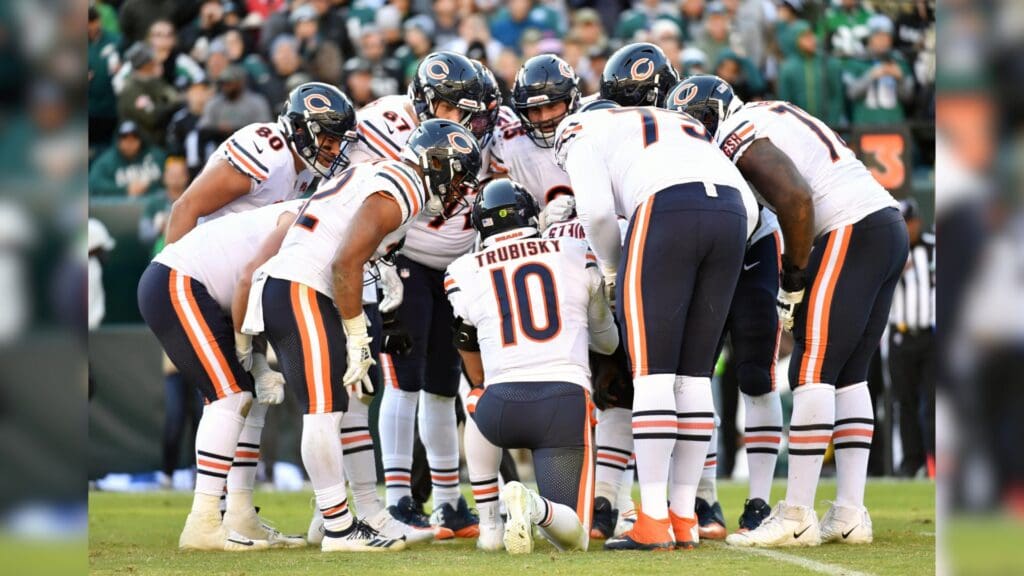 Nov 3, 2019; Philadelphia, PA, USA; Chicago Bears quarterback Mitchell Trubisky (10) leads his team in the huddle against the Philadelphia Eagles at Lincoln Financial Field.
