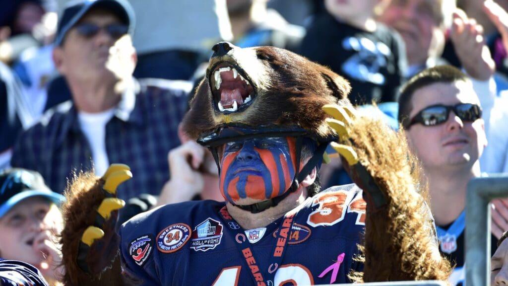 Oct 5, 2014; Charlotte, NC, USA; Chicago Bears fan reacts in the third quarter at Bank of America Stadium.