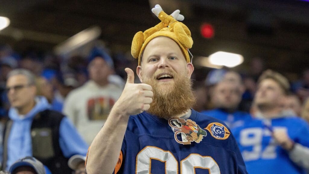 Nov 28, 2024; Detroit, Michigan, USA; A Chicago Bears fan at the game Detroit Lions during the second half at Ford Field.